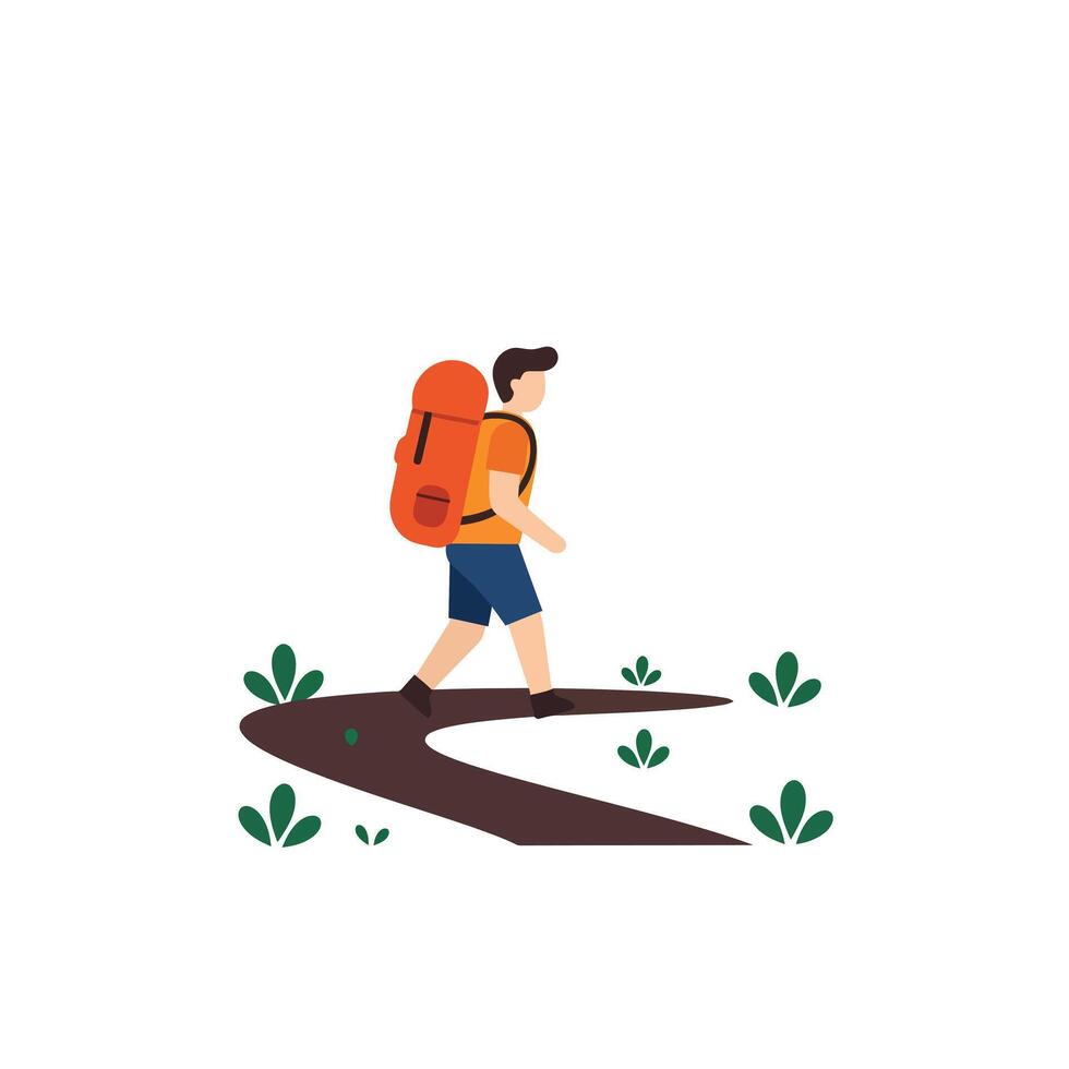 Hiker walking along a winding trail in flat minimal illustration vector