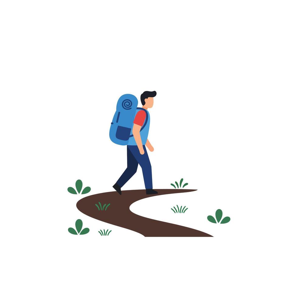 Hiker walking along a winding path in flat, minimal art vector