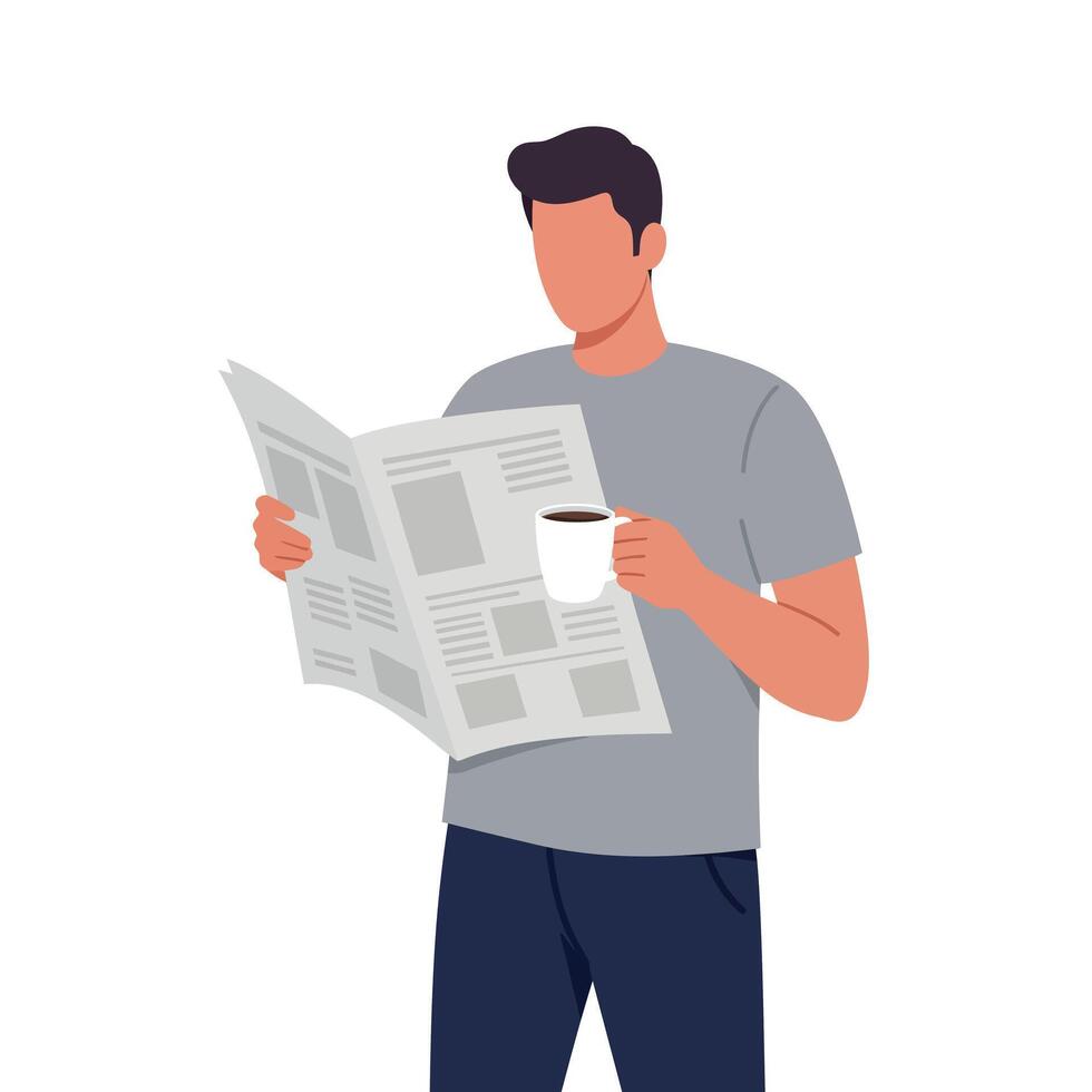 Man reading newspaper while holding coffee cup in flat art vector