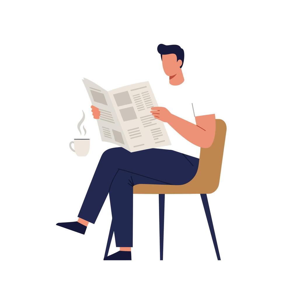 Person sitting on chair reading newspaper with coffee in flat illustration vector