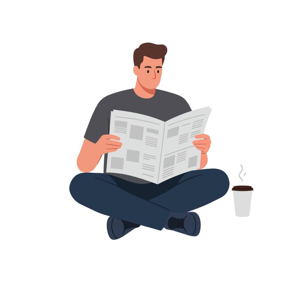 Man sitting cross-legged reading a newspaper in a minimal flat illustration vector