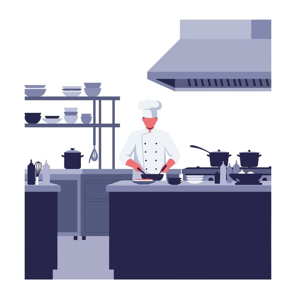 Chef preparing meal in modern kitchen with flat design art vector