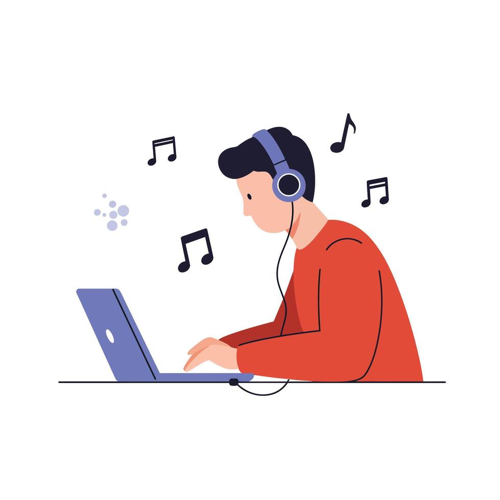 Person enjoying music while working on laptop in flat illustration vector