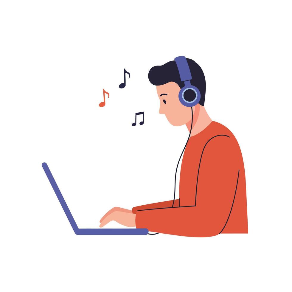 Person listening to music while working on laptop in flat art vector