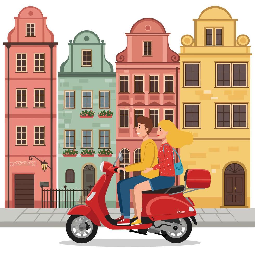 Couple riding a scooter past colorful buildings in flat illustration vector