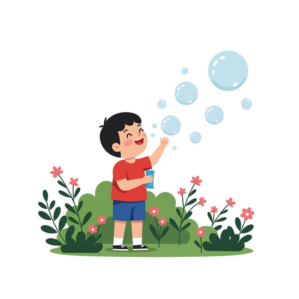 Boy blowing bubbles in a garden surrounded by colorful flowers in flat art vector