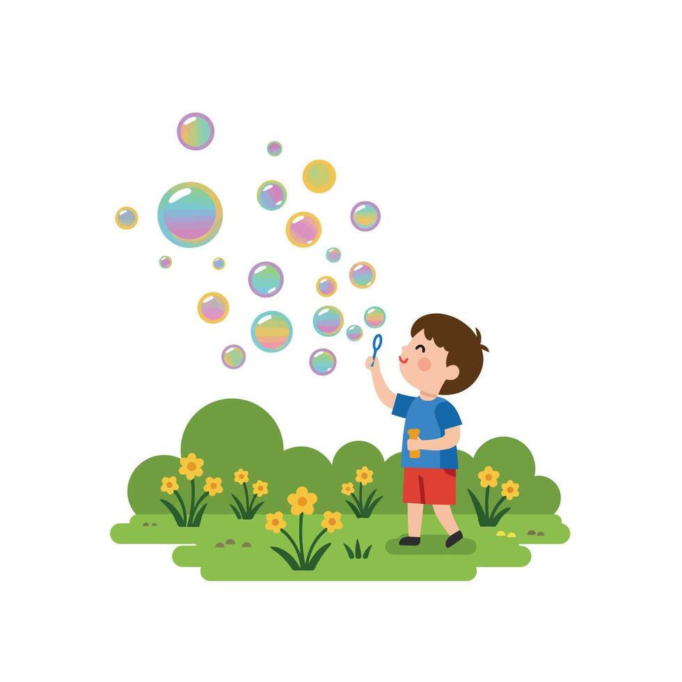 Young boy blowing bubbles in a colorful, flat, minimalist illustration vector