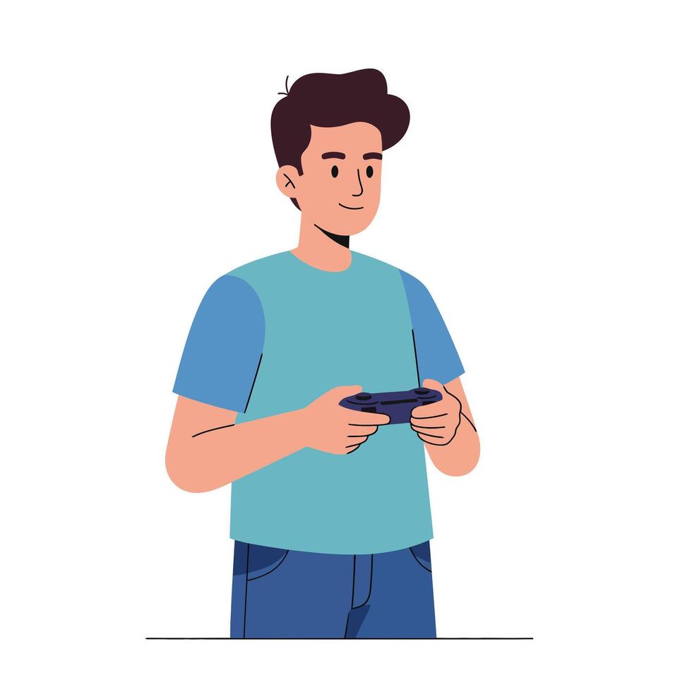 Young man playing game console in flat minimal art vector