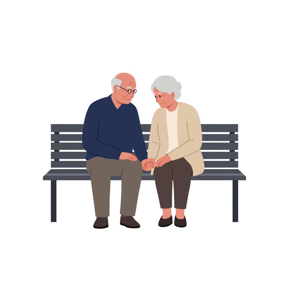 Elderly couple sitting together on a bench in flat illustration vector