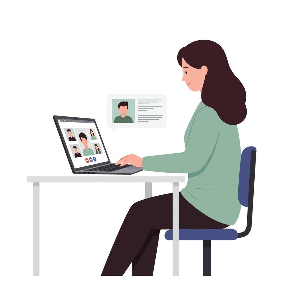 Woman using laptop for call in flat illustration vector