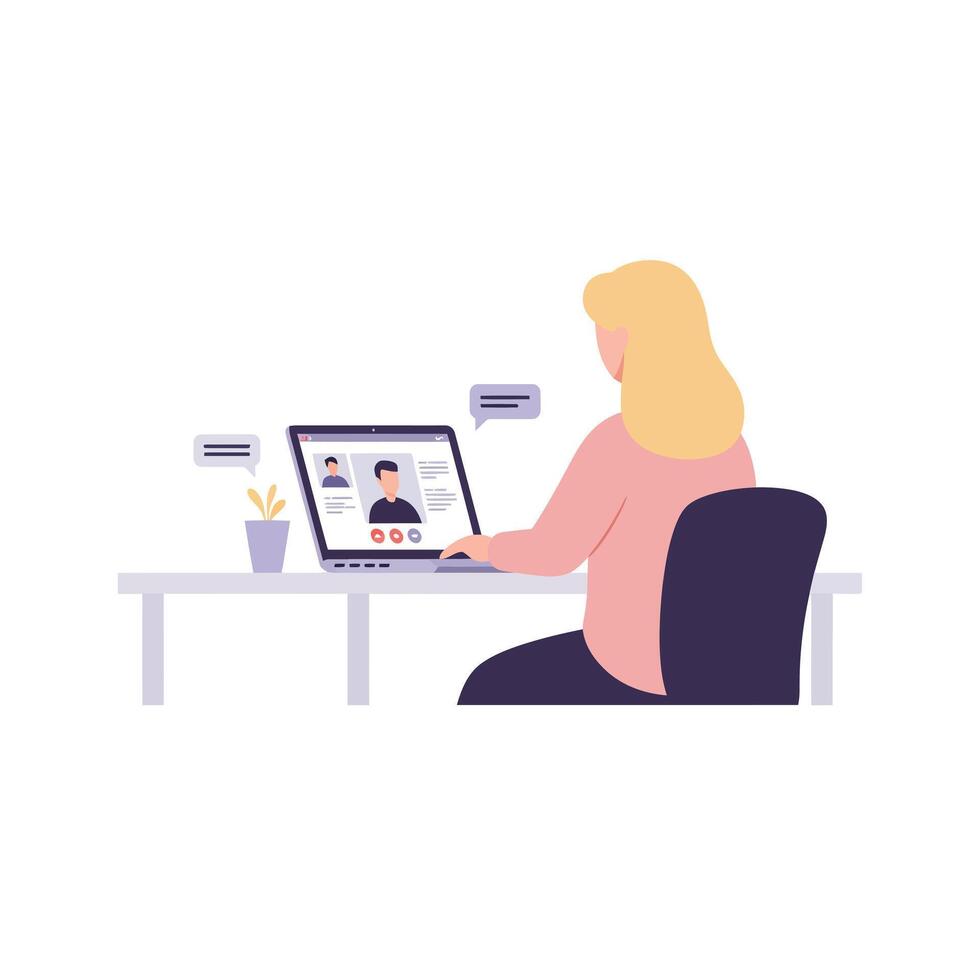 Woman engaging in call on laptop with minimal flat design illustration vector