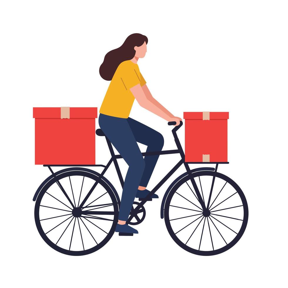 Woman riding bicycle with red boxes in flat art style vector