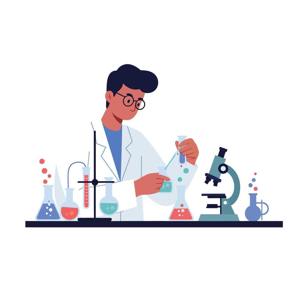 Scientist conducting experiments with colorful liquids in flat art style illustration vector