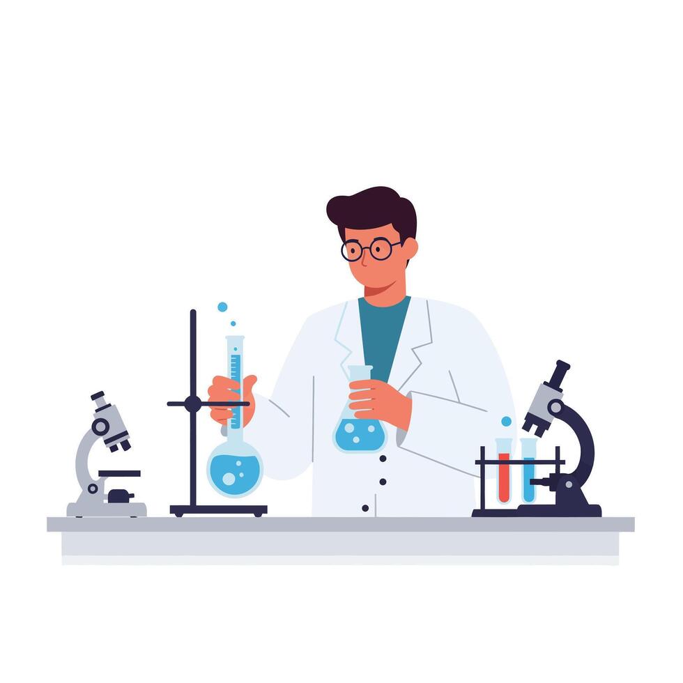 Scientist conducting experiments in a laboratory with flat design illustration vector
