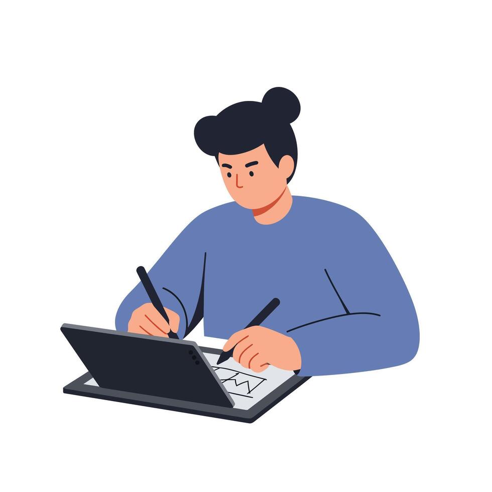 Person using digital tablet for creative work in flat art vector