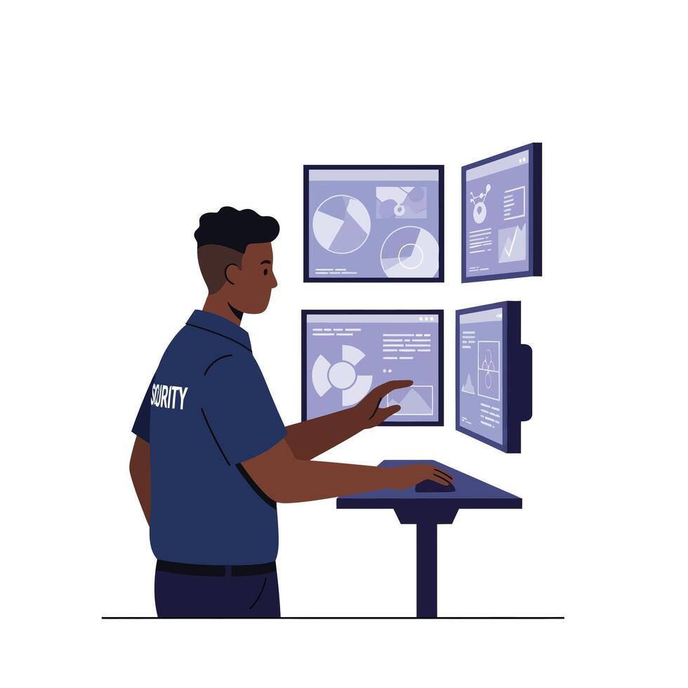 Security personnel analyzing data on multiple screens in flat art vector