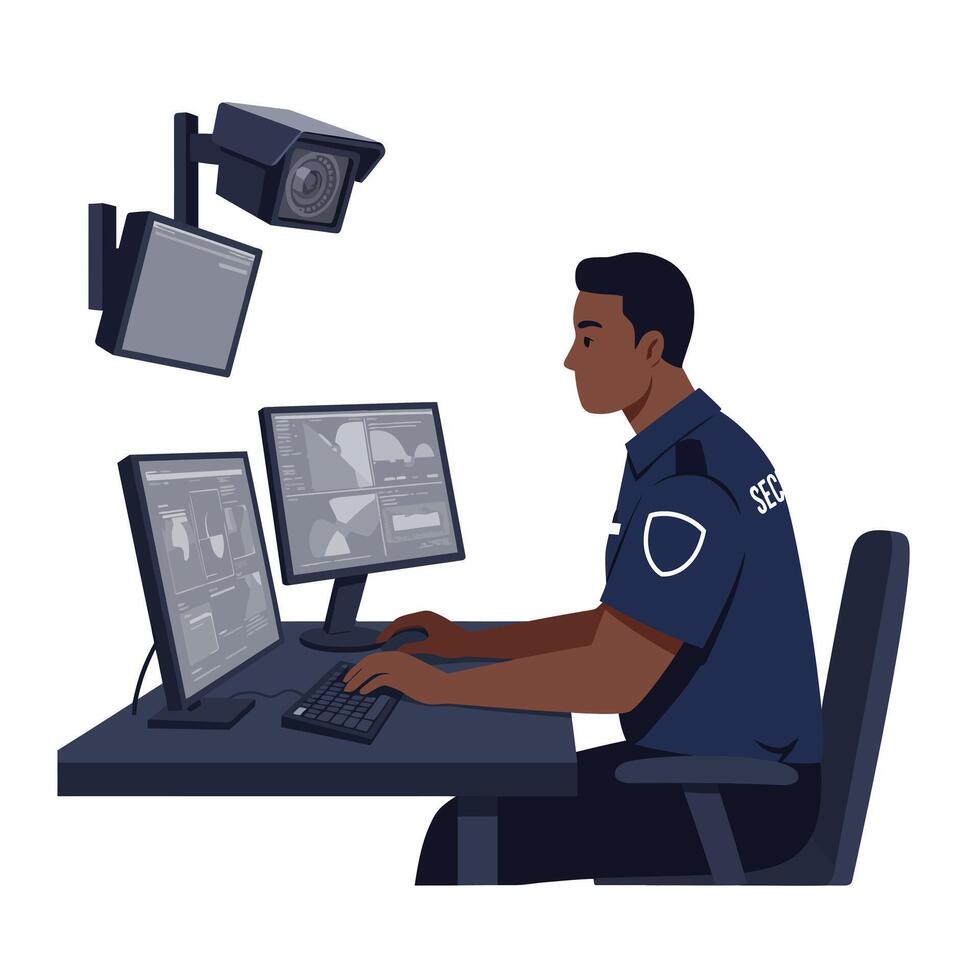 Security officer monitoring screens in flat minimal art illustration vector