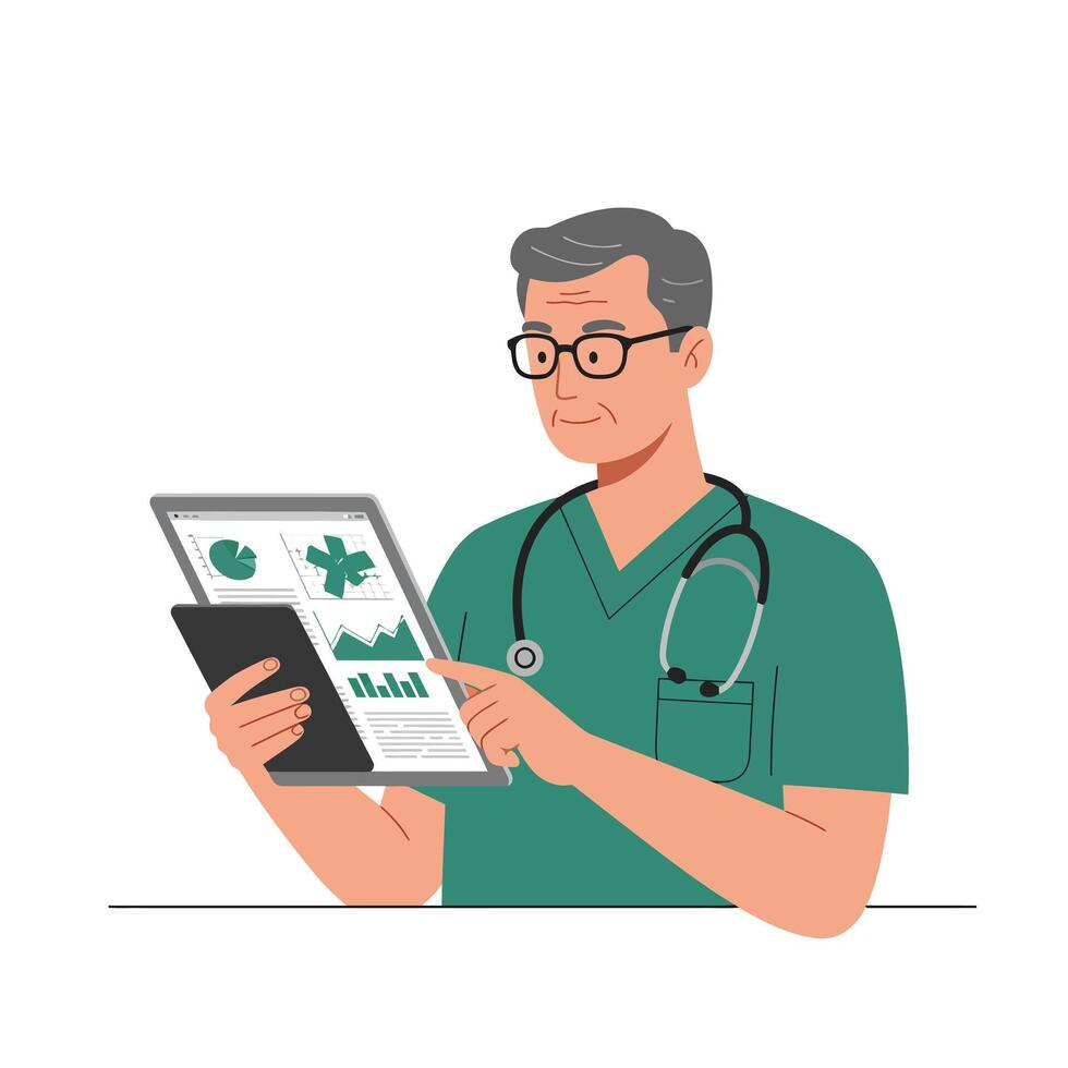 Doctor examining medical data on tablet in flat illustration vector