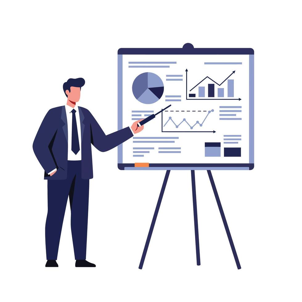 Businessman presenting data analysis on a chart in flat art vector