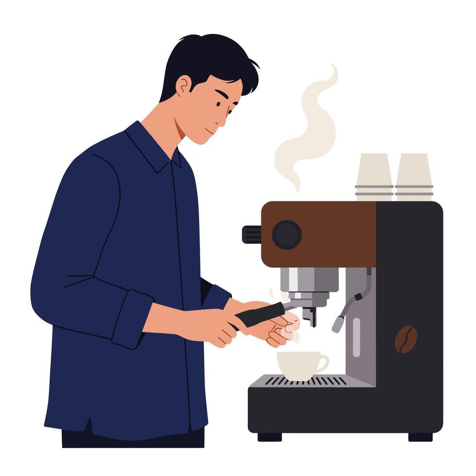 Barista preparing coffee with espresso machine in flat design art vector