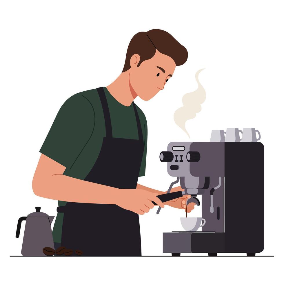 A barista preparing coffee with espresso machine in flat art style vector
