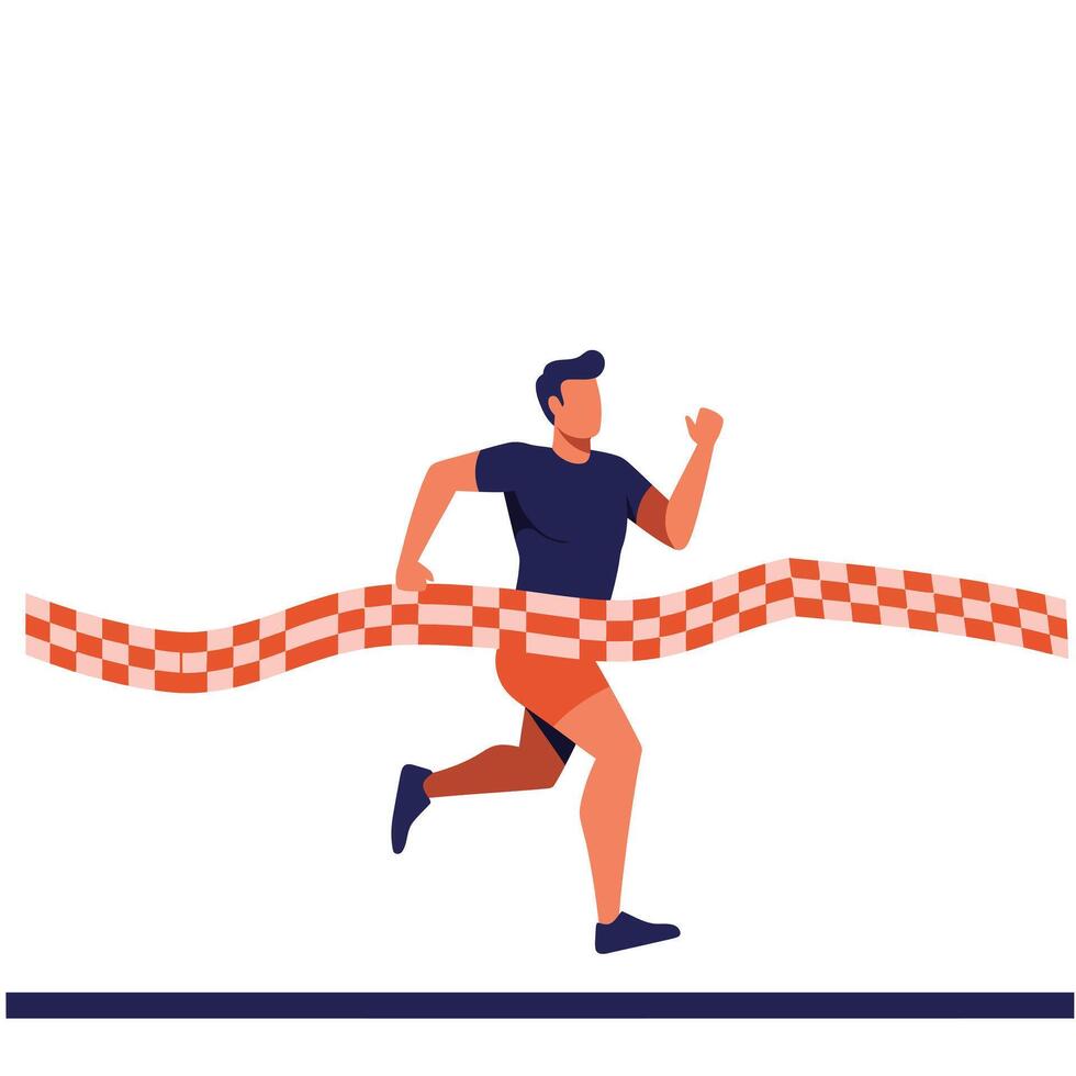 Runner breaking through the finish line in flat art illustration vector