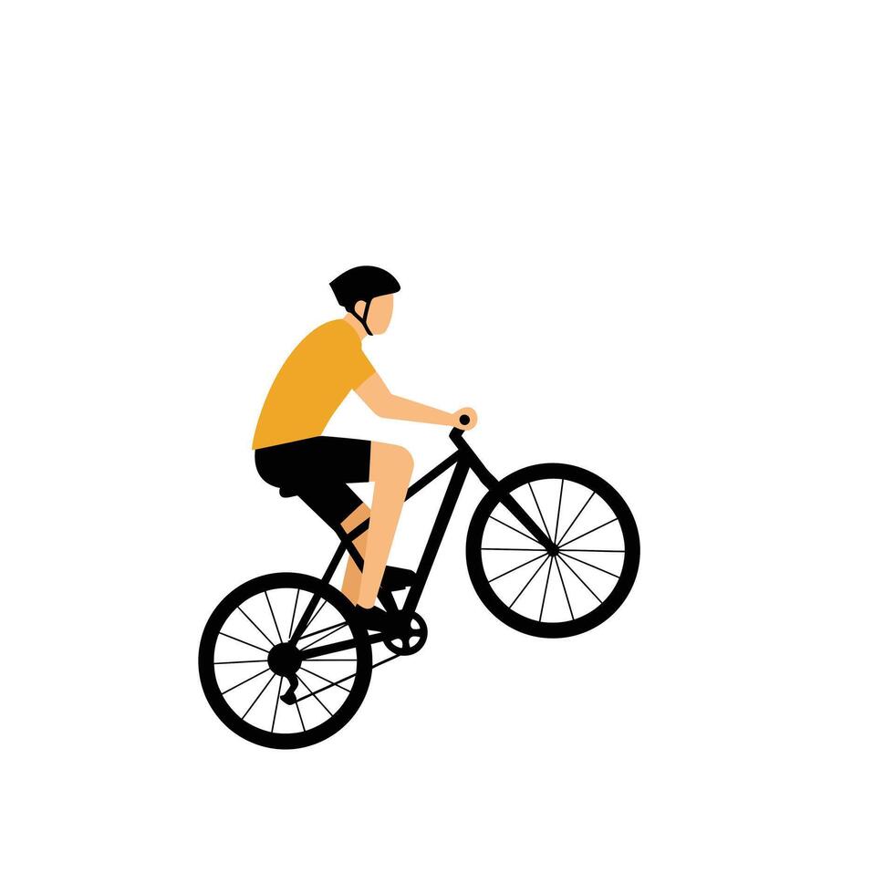 Bicycle rider performing a wheelie in flat minimal art illustration vector