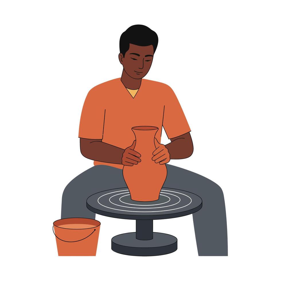 Potter shaping clay on wheel in minimal flat design art vector