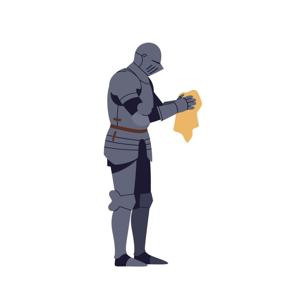 Knight in armor holding a piece of cloth in flat illustration vector