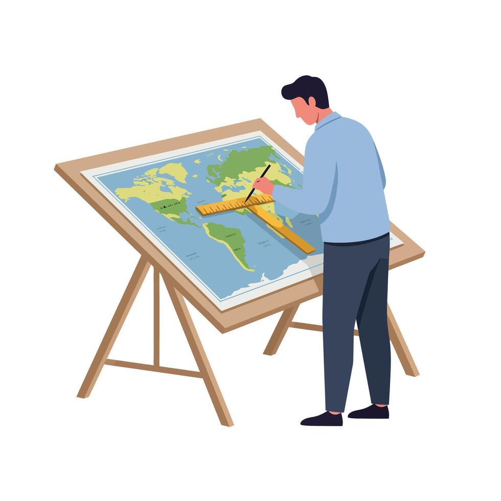 Man Drawing a Map on a Table in Flat Art Style vector