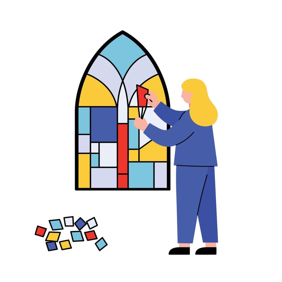 Person creating colorful stained glass window in minimal flat art vector