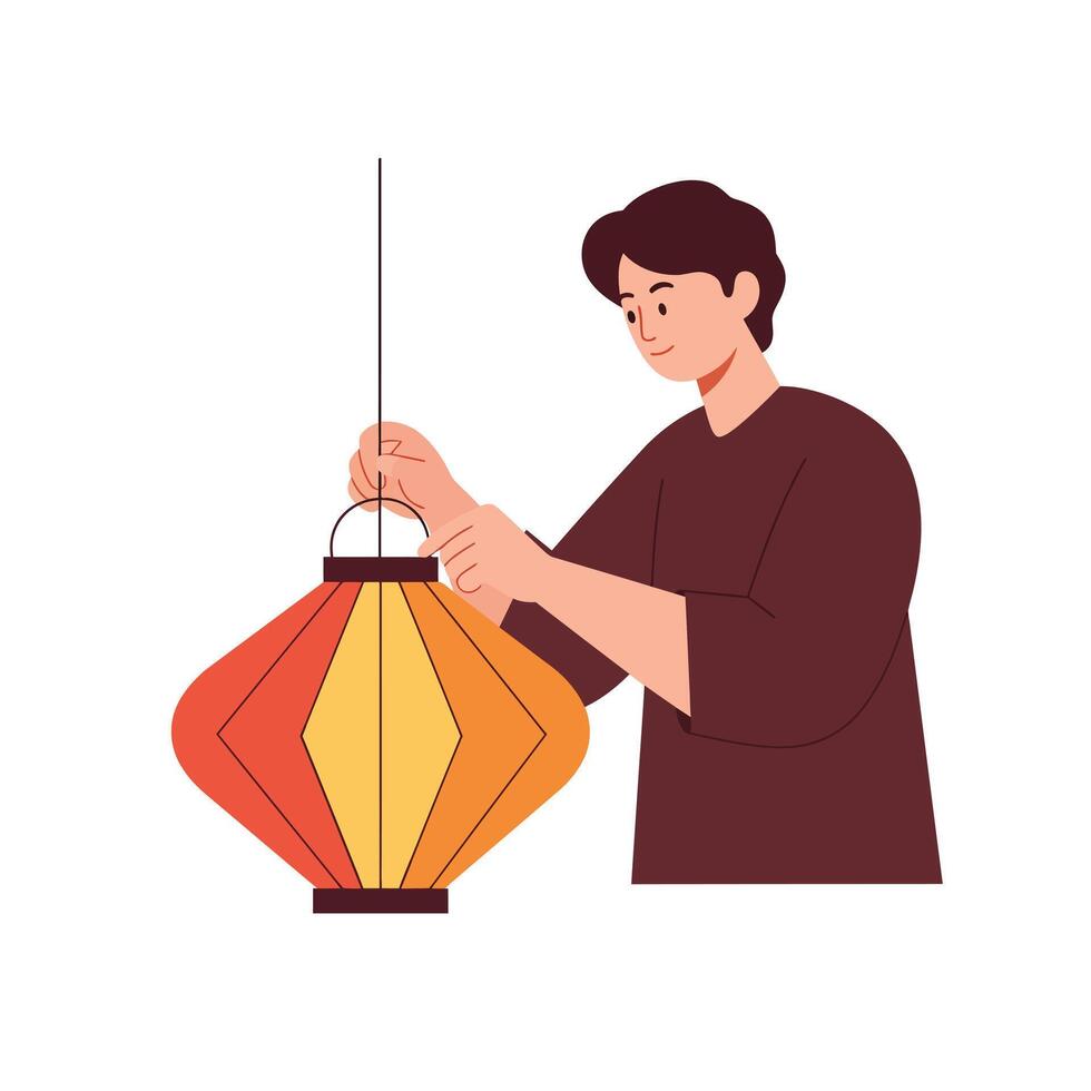 Person holding a colorful lantern in flat minimal illustration vector