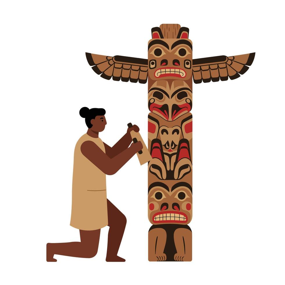 Native American carving process detailed flat illustration of totem pole creation vector