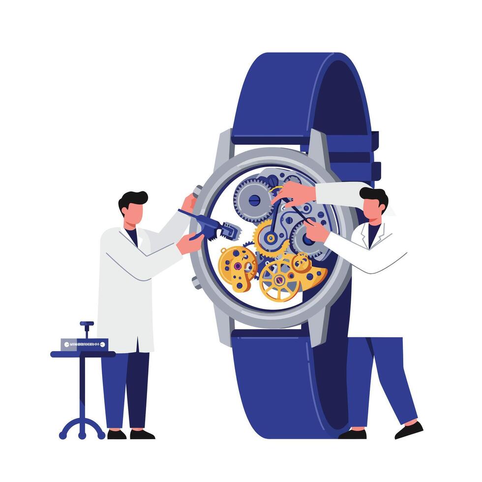 Watch repair process illustrated in flat style art showing technicians working on timepiece details vector