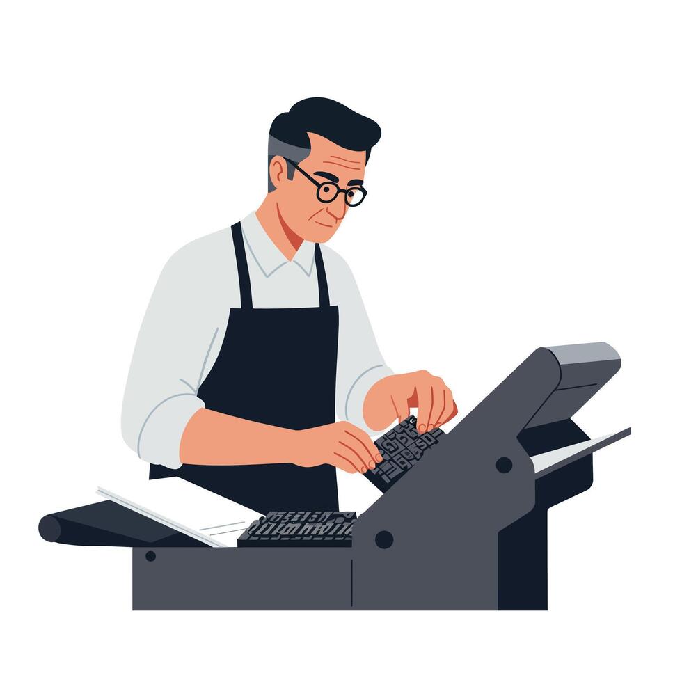 Man operating a printing press in a flat style illustration vector