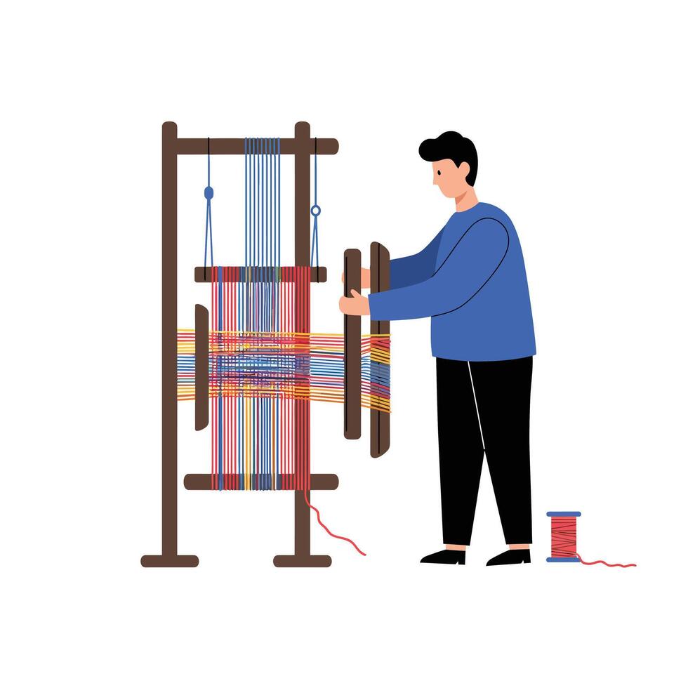 Weaving process illustration featuring a loom in flat art style vector