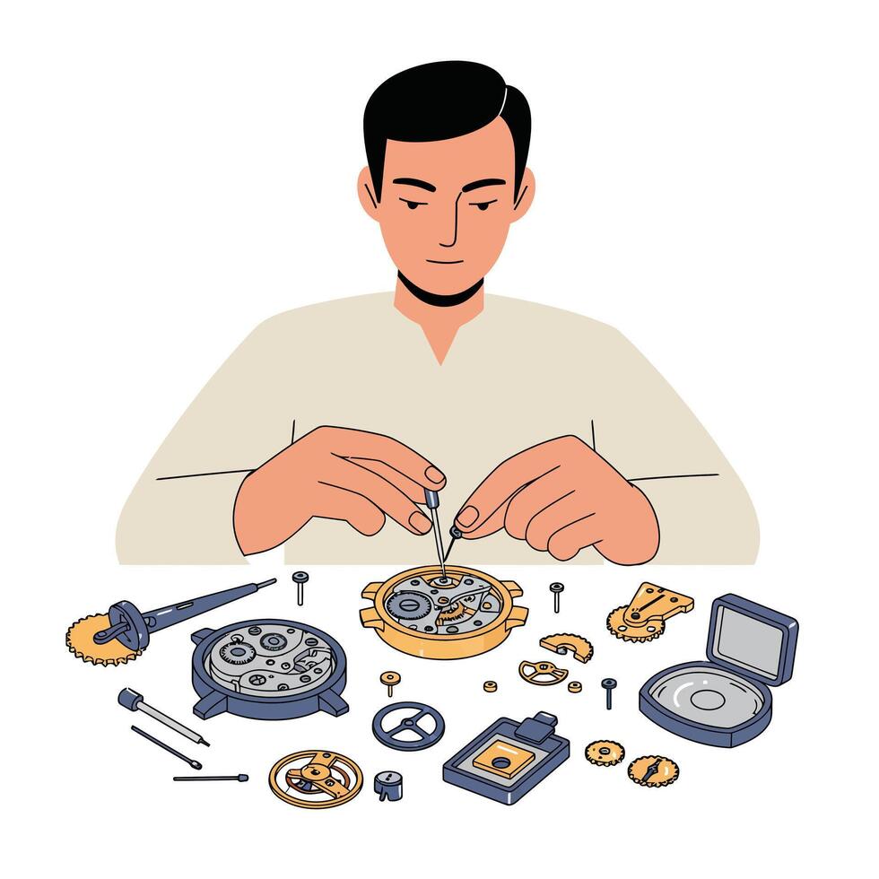 Man repairing watch parts in a minimal and detailed illustration vector