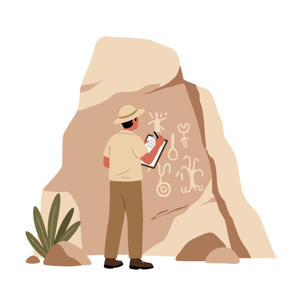Archaeologist studying ancient symbols on rock in flat illustration vector