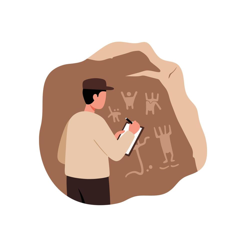 Researcher studying ancient cave art in a flat minimal illustration vector
