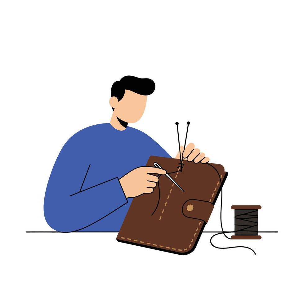 Man sewing leather with needle and thread in minimal art vector