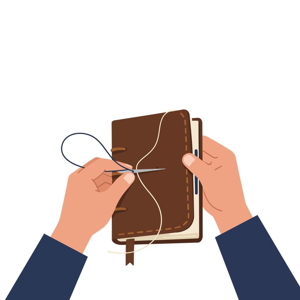 Hands stitching a notebook cover in a flat minimal illustration vector