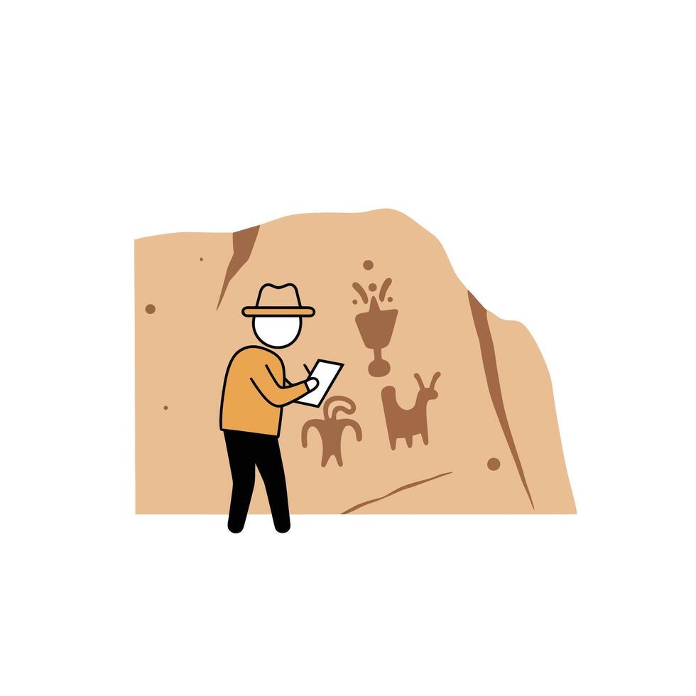 Person sketching ancient symbols on rock wall in minimal art vector