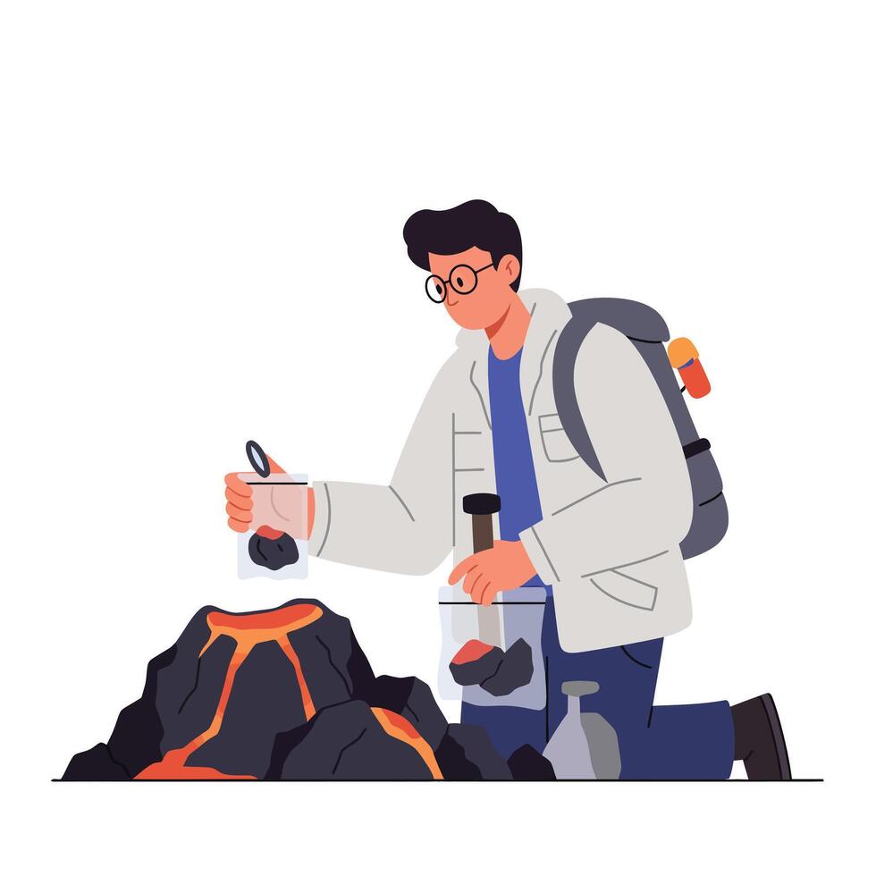 Scientist examining volcanic rock with tools in flat illustration vector