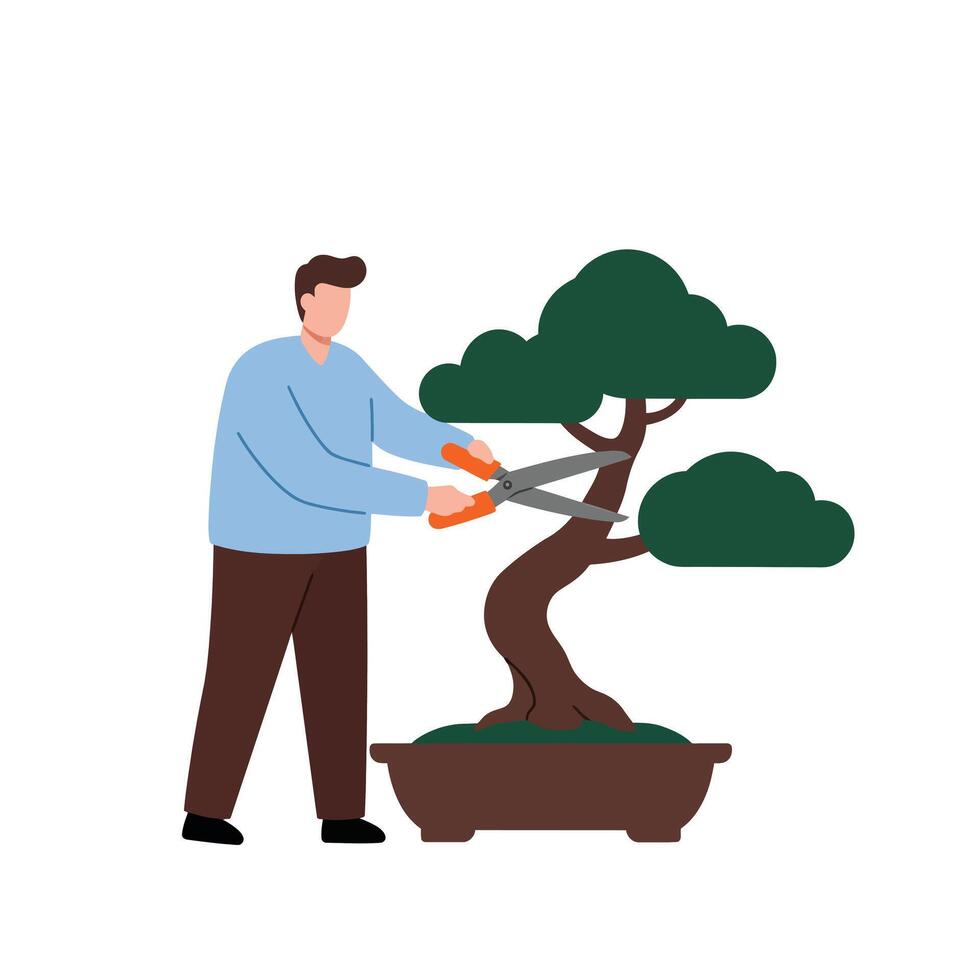 Man trimming bonsai tree in flat design style art vector