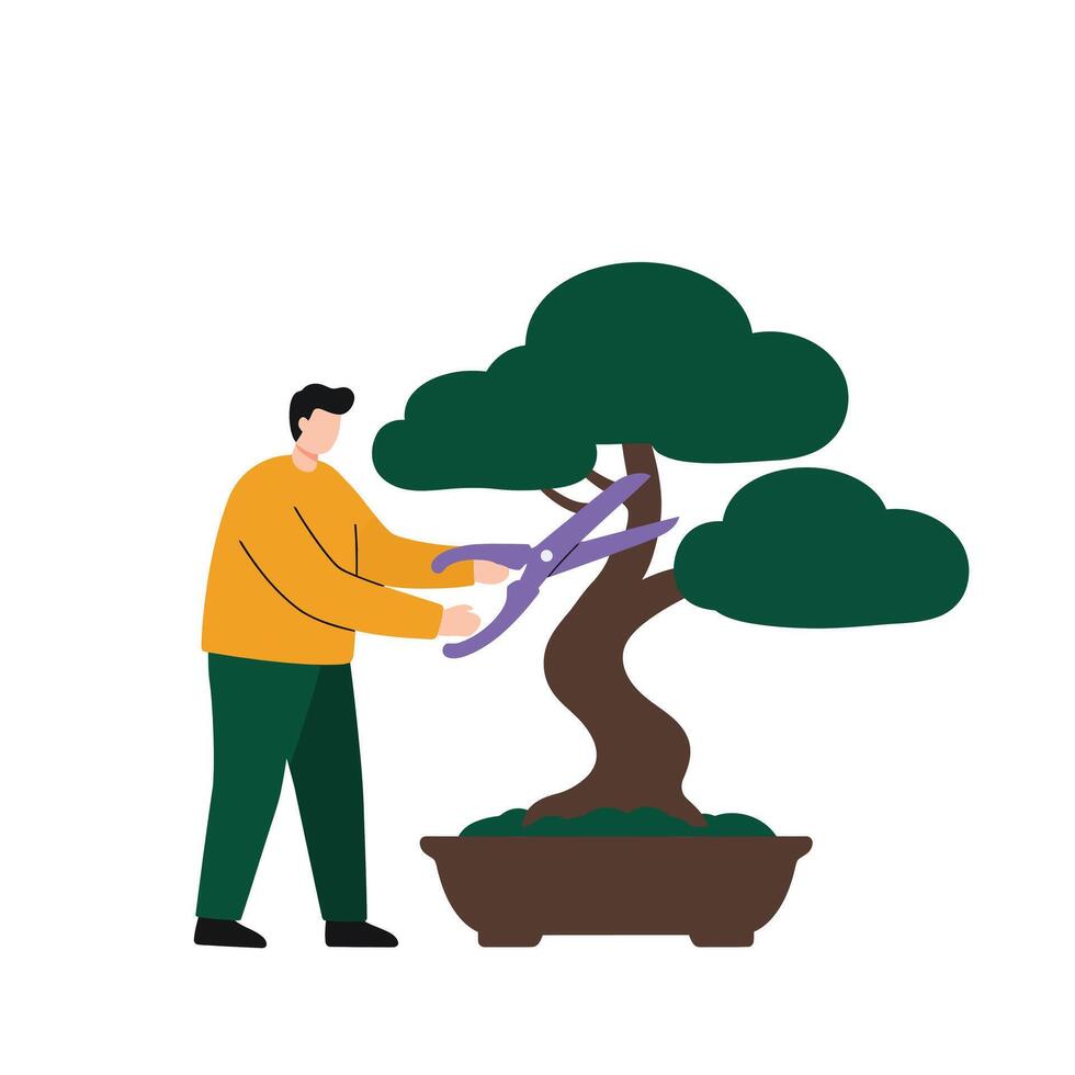 Person Pruning Bonsai Tree in Minimal Flat Design Art vector
