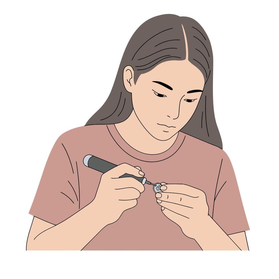 Young woman engaged in crafting with tools in flat art vector