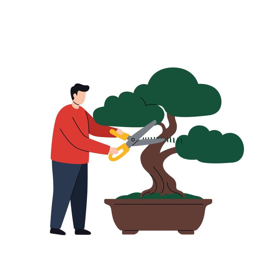 Man carefully pruning a bonsai tree in a minimal flat illustration vector