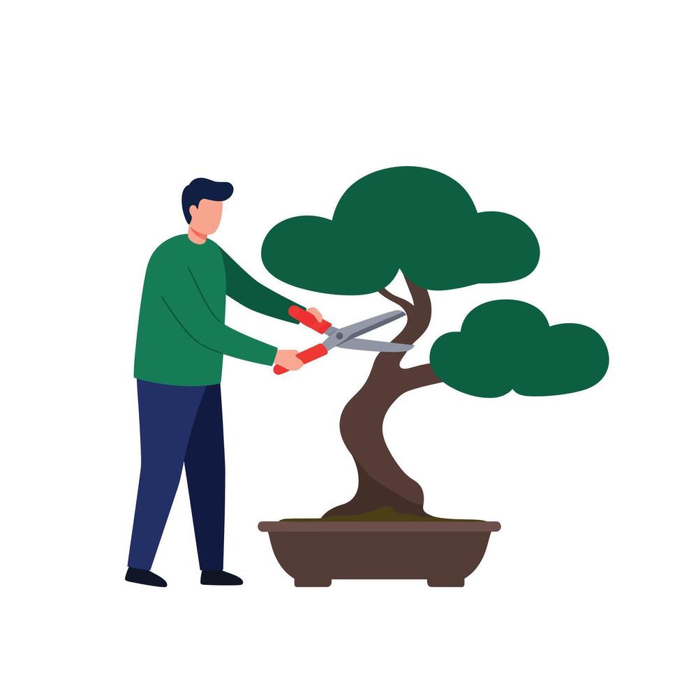 Man trimming a bonsai tree in flat style illustration vector