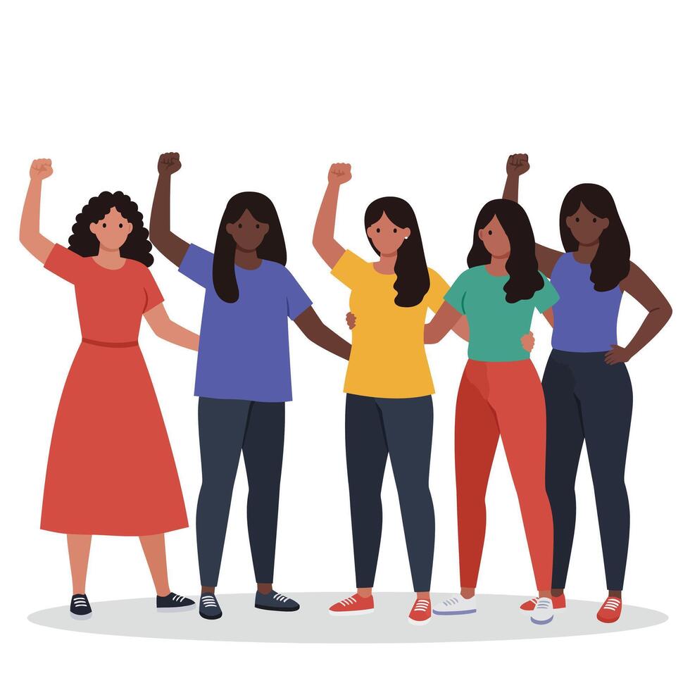 Group of diverse women standing confidently in flat art style vector