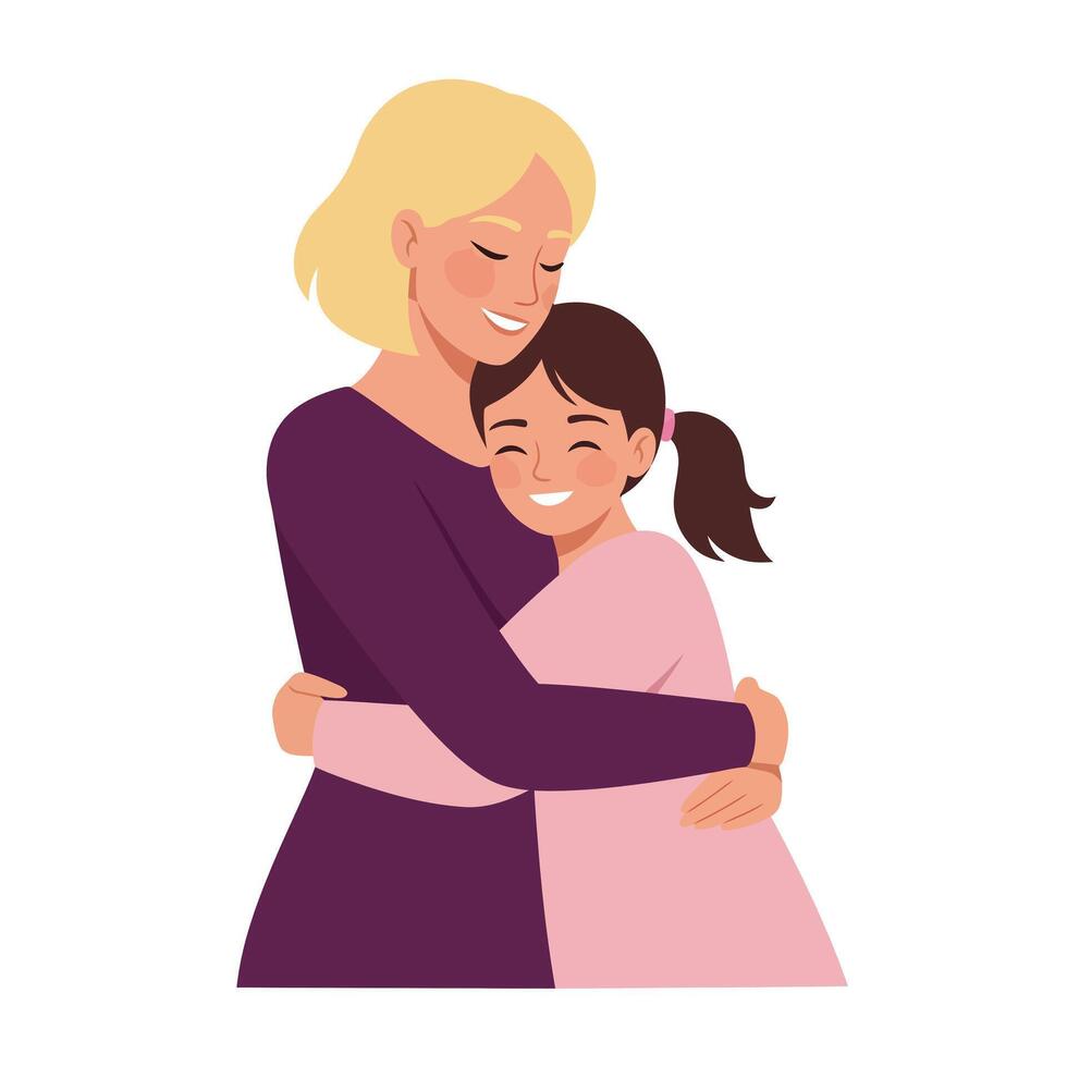 Mother and daughter sharing a warm hug in flat art style vector